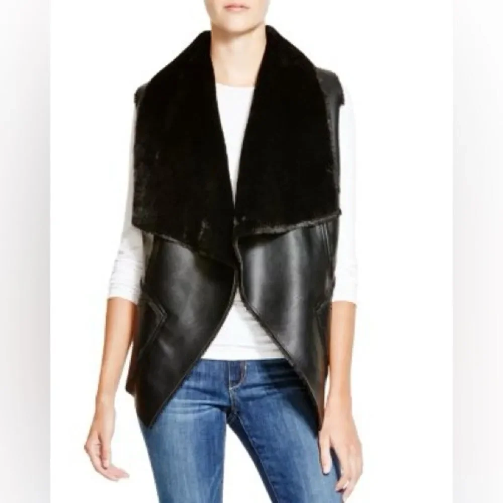 BLANKNYC Faux Shearling Drape Front Vest Shawl Small Faux Fur Lined Black NWOT